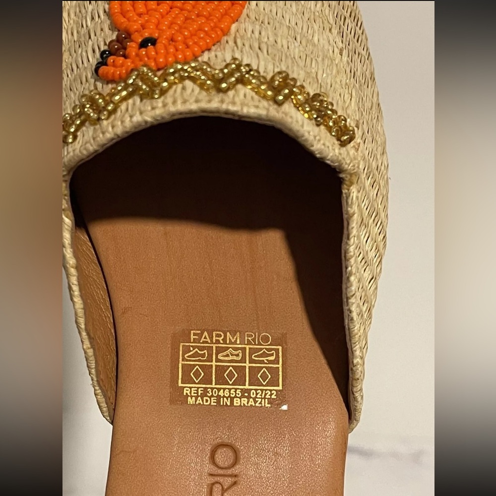 Farm Rio MACAW Womens 7 Tropical Raffia Mules Straw Embroidered Flats Shoes - Picture 7 of 16